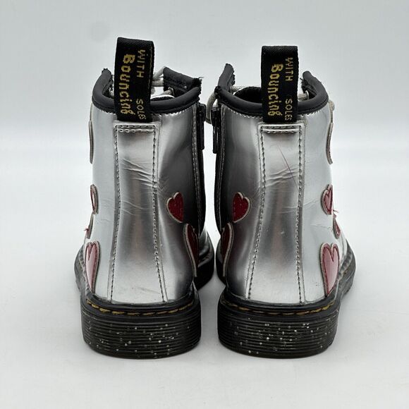 Dr. Martens Silver Kids Boots with Red Heart Accents - Picture 2 of 12